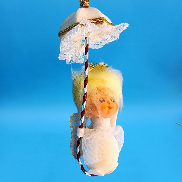 Pixie Angel Ornament Tulle Wings Parasol Lace Trim 1960s Japan Sleepy Eyes - Picture 4 of 9